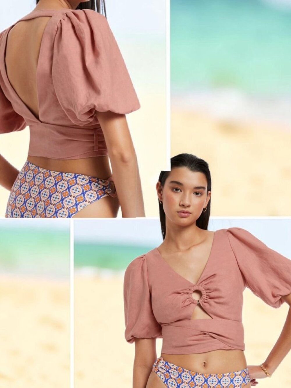 NWT JETS ( 6 ) Jet Set Puff Sleeve Crop Top 100% Linen Versatile Waistband